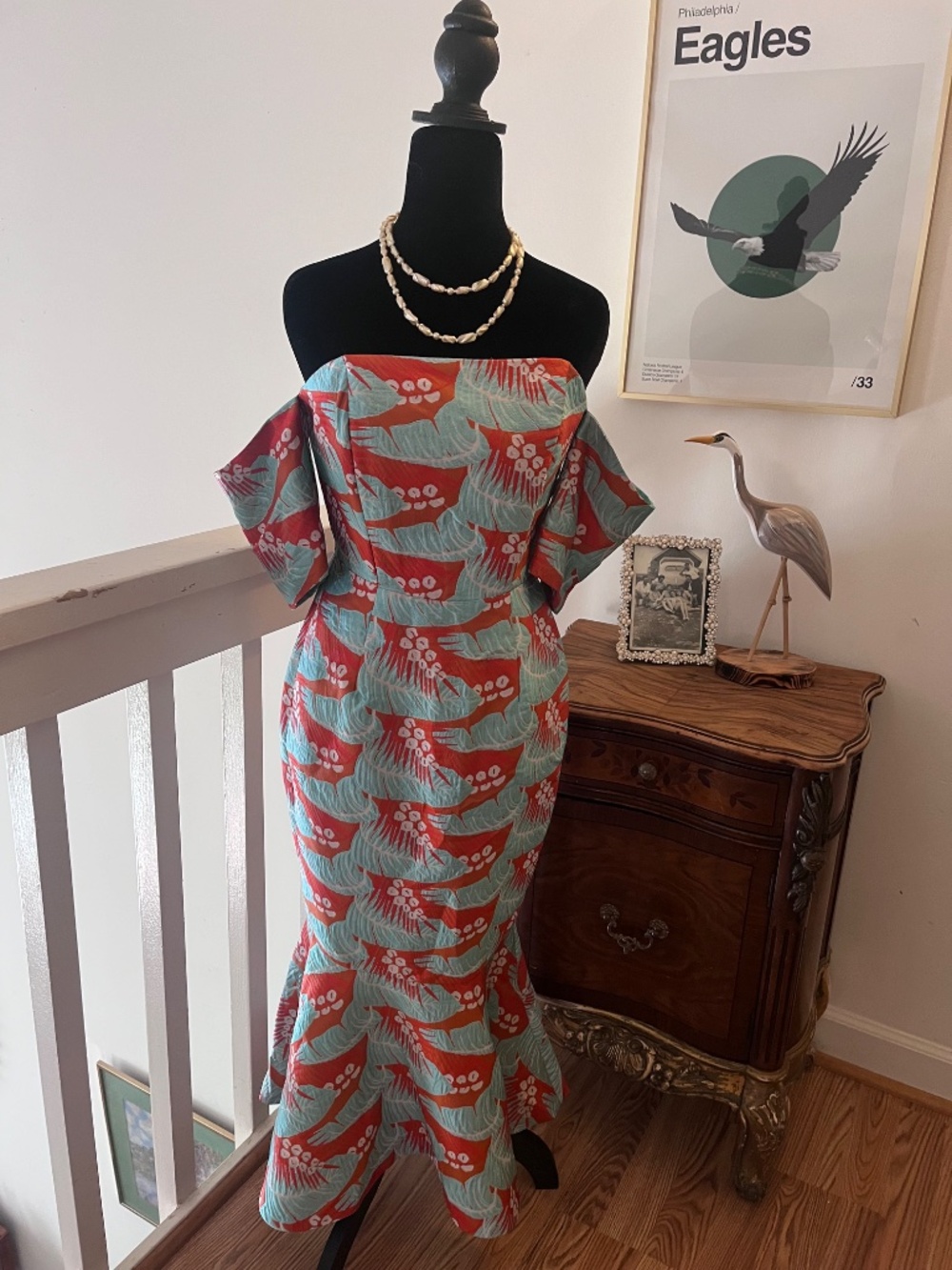 ASOS Tropical Leaf Jacquard Off Shoulder Mermaid Midi Dress Coral Turqoise Sz 4 - Picture 2 of 16